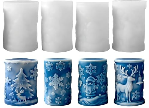 Silikonform Weihnachten Kerzenform,Silikonformen Gießformen Weihnachten Stumpenkerze,Kerzenformen Silikon zum Gießen,Elch Tannenbaum Kerzen Formen Silikon,3D Kerzen Silikonformen für DIY Duftkerze(A2)