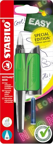 STABILO EASYbuddy NEON - Ergonomic School Fountain Pen - M-Nib (Medium) - Right-Handed - Pack of 1 - Neon Green including Blue Ink Cartridge