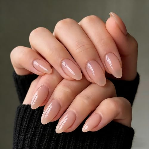 Nude Skin Gradient Press on Nails Medium Almond Solid Fake Nails Designs Gradient Nude False Nails Full Cover Glossy for Women Girls Daily Wear Manicure Decoration 24Pcs