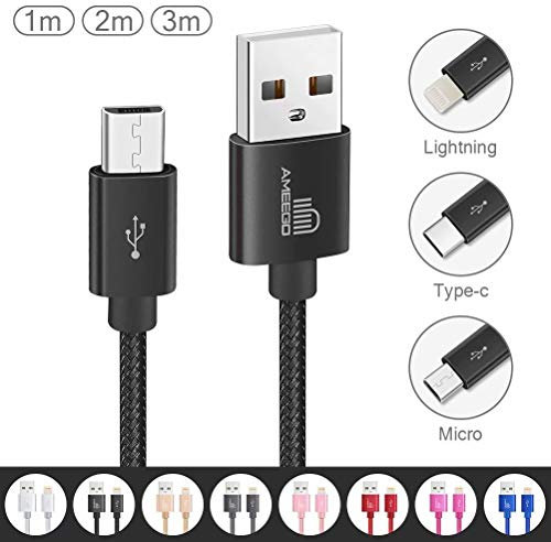 ameego [3Pack 1m+2m+3m] High Speed Strong Nylon Braided Tangle-Free 3.1A Micro USB Data Charge Cable for Samsung, HTC, Nokia, Sony, Kindle, PS3,Speaker, Power bank and More Micro USB Devices (Black)
