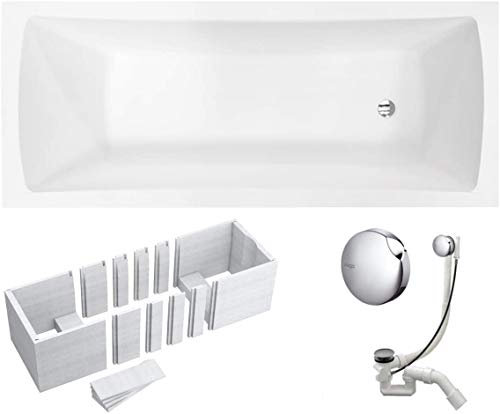 VBChome Badewanne 170x70 cm Acryl SET Wannenträger Siphon Wanne Rechteck Weiß Design Modern Styroporträger Ablaufgarnitur in Chrom Viega Simplex (170x70 cm)