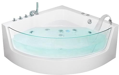 Baignoire Balnéo d'Angle en Acrylique Blanc avec Grande Surface Vitrée Robinet Cascade et Eclairage LED Intégré Capacité Max de 260 Litres Beliani