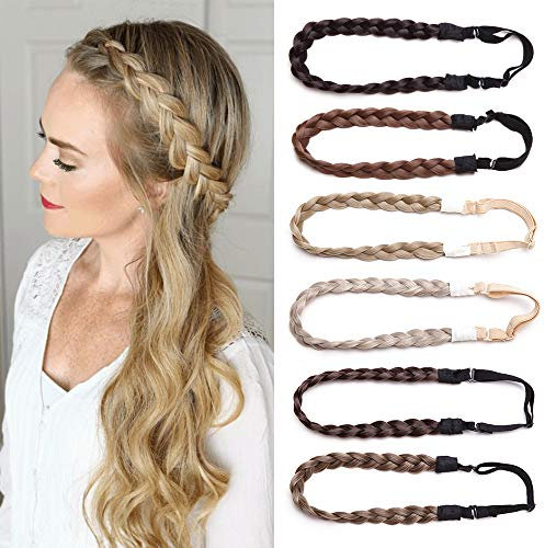 TESS Haarband geflochten Haargummi mit Haaren Damen Haarteile Dutt Braids Extensions verstellbare Kopfband Kleine Haarschmuck Braiding Hair für Frauen 1.5cm Breit 27g Dunkelbraun