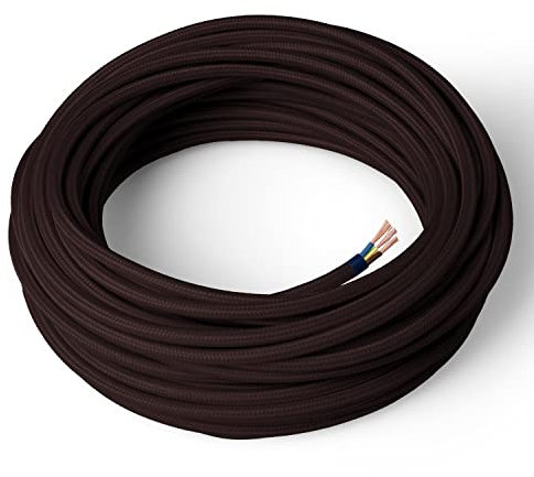Amarcords - Cavo elettrico tessile colore MARRONE tondo seta 10 metri con messa a terra 3x075mm - Filo rivestito in tessuto colorato vintage per lampade lampadari applique e abat jour.