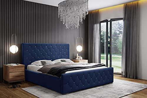 Polsterbett Doppelbett Stauraum Samtstoff 120x200 140x200 160x200 180x200 cm Bettgestell Mit Bettkasten Lattenrost und Kopfteil - Bett mit Kristallen - Hydrophobe Stoff - Dunkelblau - 180 x 200 cm