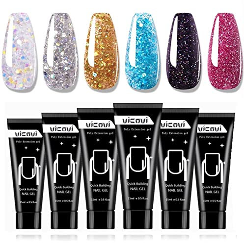 Glitter Poly Nail Extension Gel Kit -Nagel Erweiterung Gel 6 Farben Builder für Nails Art Salon zu Hause, Quick Building Nail Extensions Gel 6PCS 15ml -Rosa Silber Gold Blau Lila Rot