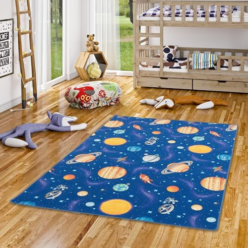 Snapstyle Kinderteppich Spielteppich Kinderzimmer Pflegeleicht Weltall Blau Bunt in 24 Größen