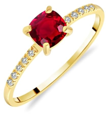 Planetys Solitärring für Damen aus Gelbgold 375/1000, mit natürlichem Rubin, Kissenschliff, 10 Diamanten