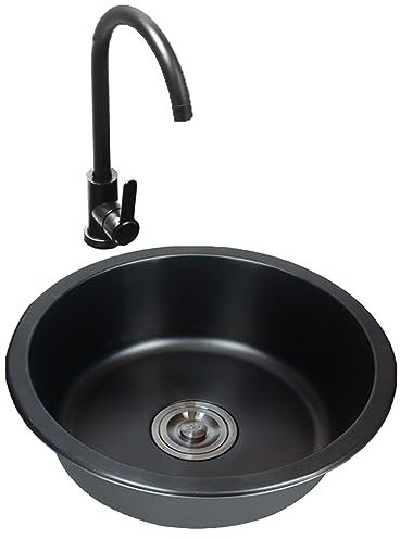 AVIITI Fregadero De Cocina Redondo De Acero Inoxidable 304 Negro Con Grifo Y Desagüe Fregadero De Un Seno Para Montaje A Ras, Bajo Encimera Y Sobre Encimera,Negro,36x36x19cm
