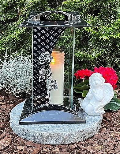 Grabschmuck Komplett-Set Grablampe Rose 28,0cm mit Sockel und Engel Grablaterne Grablicht Kerze Grablampe mit Granitsockel Grableuchte Herz Grabschmuck Lampe Laterne Trauer Liebe Friedhof Garten