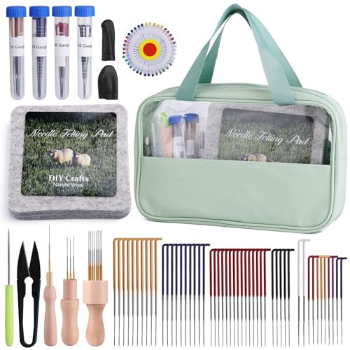 Doxiru Needle Felting Kit with 6x6Wool Felted Mat and 107 Felting Needles | Needle Felting Tools with Needle Felting Mat, Wooden Handle for Beginner Diy Felted Crafts Wool Felting Projects