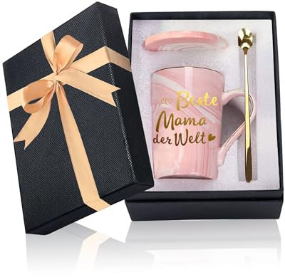 Beste Mama der Welt Kaffeebecher, Muttertagsgeschenke für Mama von Tochter Sohn, 14OZ (400 ml) Keramik Marmorbecher Teetasche mit Deckel Goldenem Löffel und Geschenkbox