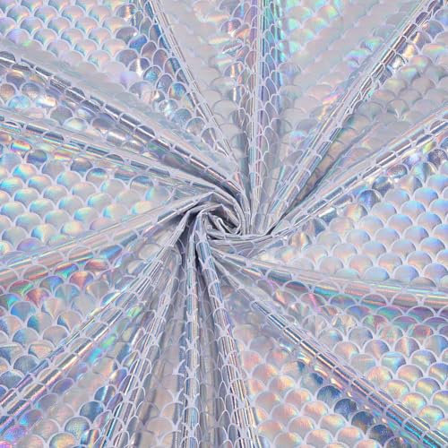 FINGERINSPIRE 1.5 m Glitzernder Stoff Mit Meerjungfrauen Fischschuppen 1 m Breit Stoff Mit Meeresfischschuppen Silberfarben Schillernder 2 Wege Stretch Spandex Meerjungfrauenstoff Zum Kleidung