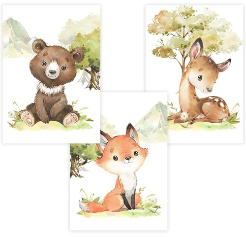 Kinderzimmer Poster Set Premium P795 / niedliche Waldtiere Portraits Babyzimmer Wandbild (A5 - Ohne/Without Rahmen/Frame)