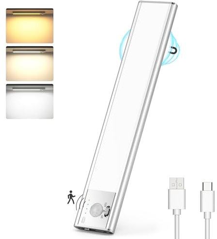 Lureshine Schrankbeleuchtung LED mit Bewegungsmelder 76 LEDs Unterbauleuchte küche 3 Farbmodi Dimmbar, Led Leiste USB Wiederaufladbar Schranklicht Schrankleuchte für Kleiderschrank, Treppe
