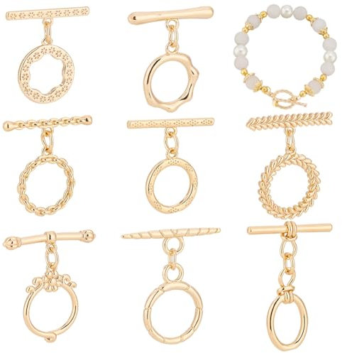 PH PandaHall 18 Karat Vergoldete Knebelverschlüsse 8 Stile T Bar Verschluss Blumenring Oval Messing IQ Knebelverschlüsse Für Armband Halskette Schmuckherstellung DIY Handwerk