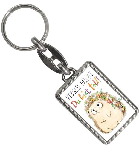 Igel Schlüsselanhänger mit Bordüre mit Spruch Vergiss nicht du bist toll Bunter Glücksbringer fröhlich mit Blumen Freund zum Mitnehmen Wertschätzung