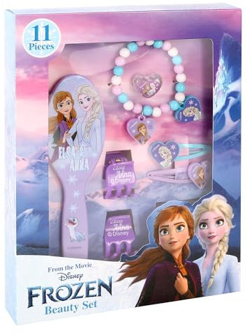 TDL 11pc Frozen Anna & Elsa Beauty Set Mädchen Schmuck & Haarschmuck Kit Lila Geschenkset Dress Up Haarbürste Armbänder Scrunchies Charms