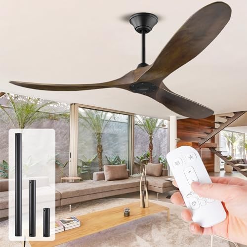XSGDMN Deckenventilator Holz ohne Beleuchtung mit Fernbedienung, 132 CM/52 Zoll Deckenventilator Outdoor, Vintage-Deckenventilatoren mit Fernbedienung, 3-Blatt-Propeller-Deckenventilatoren