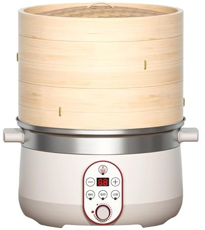 GUUFUFA Olla de Vapor eléctrica para Verduras, vaporera eléctrica de 2 Niveles con Cesta de Vapor de bambú, Olla arrocera con sincronización Inteligente de 1500w para una cocción rápida,28cm