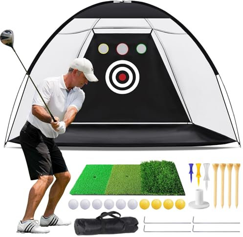 10x7ft Golf Practice Net for Backyard Driving with Triple Turf Mat, Outdoor Indoor Golf Hitting Net with 10 Practice Balls, Multiple Targets Golf Training Aid Net Accessories