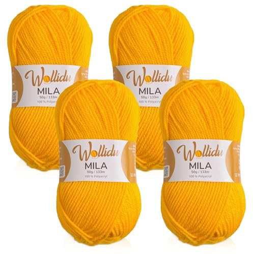 Wollidu Mila Garn zum Häkeln und Stricken 4 x 50g/133m Strickgarn 100% Polyacryl Häkelgarn Gelb