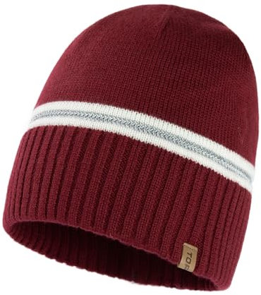 TOP-EX M/L/XL Unisex 50% Merinowolle Beanie Warme Wintermützen Doppellagige Strickmütze mit Reflektorstreifen Rot