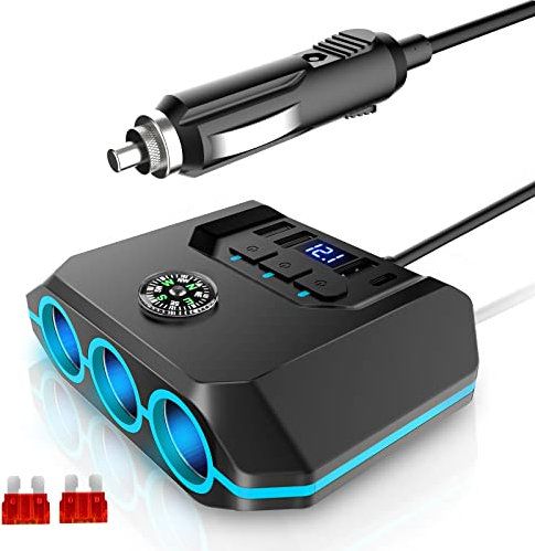 OOWOLF 12V/24V Cigarette Lighter Splitter - 120W Car Charger Adapter with USB & PD 7 in 1 Multi Port Power Plug Independent Switches & LED Voltage Display for Car, iPad, 3.3FT Cable