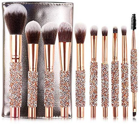 Juego de 10 brochas de maquillaje de lujo con mango de remache de diamante, brocha de maquillaje de cristal para rostro y ojos, brocha de maquillaje profesional, base, corrector, sombra de ojos, herra