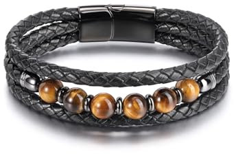 PiercingJak Herren Armband Tigerauge Lederarmband geflochten Echtleder mit Kugel Naturstein Stein Perlen Armreif Mode Charm Schmuck Geburtstag Geschenke für Männer Vater Sohn