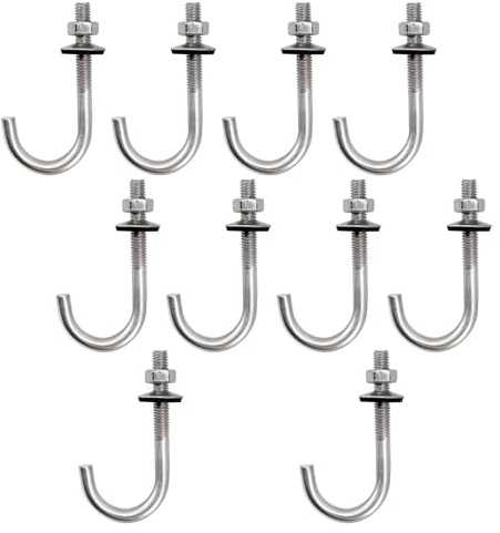 Lot de 10 boulons d'ancrage de toit M6 x 50 x 100 mm en acier inoxydable 304 avec crochet en J à longue tige avec écrou hexagonal, chevilles à béton, vis
