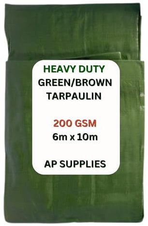 6m x 10m Green/Brown Tarpaulin Cover - 220gsm Thick - Waterproof, Weatherproof, Frost-Resistant, UV Protection, Universal, Multipurpose, Groundsheet, Camping, Boating, Hiking, Heavy Duty Sheet
