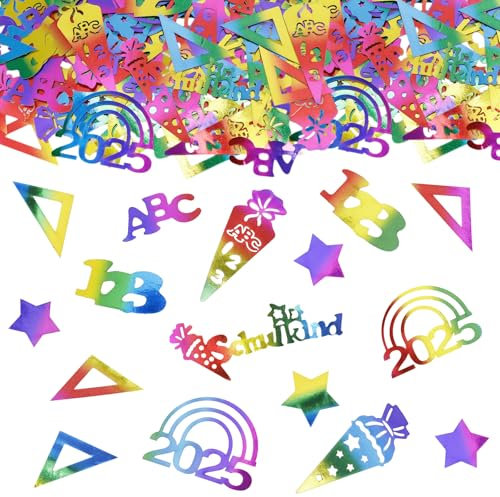 ParPix 100 Stk Glitzer Einschulung Deko Konfetti Groß 2-6cm, Schultüte Deko Einschulung Junge Mädchen, Schulkind 2025 Mädchen Jungen Streudeko,Abc 123 Zuckertüten Schuleinführung Schulanfang Tischdeko