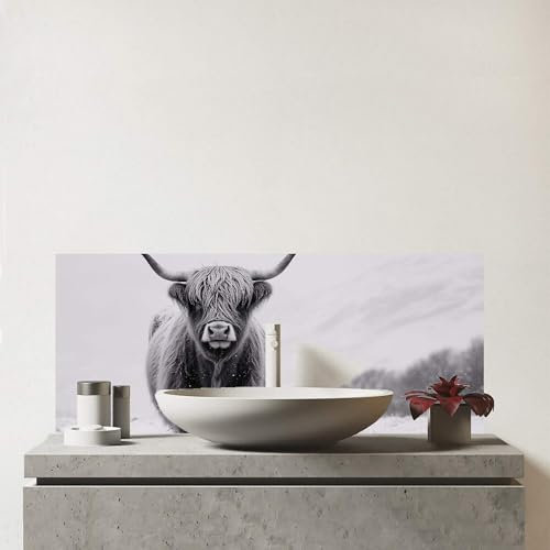 Warren Reed - Designer Premium Lone Highland Cow Glass Bathroom Splashback 6mm Toughened Glass – Water-Resistant Wall Protector for Basins & Sinks, Polished Edges