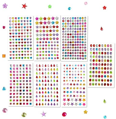 1000+pcs Self Adhesive Rhinestone Gem Stickers, Gemstone Adhesive Gems for Crafting, Stick on Diamante Gems for DIY, Diamond Art Stickers, 7 Sheets in Multiple Colors, Sizes, and Shapes
