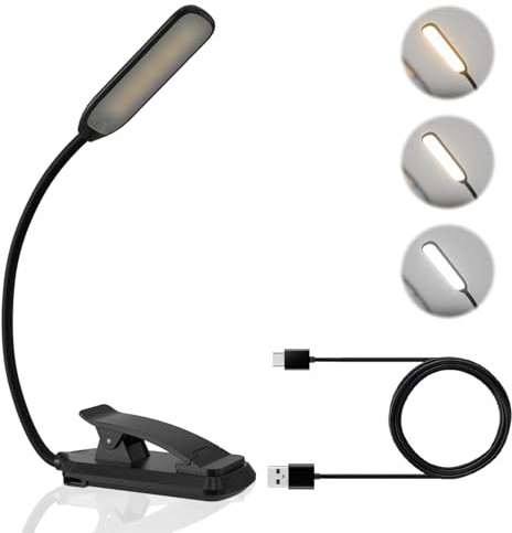LUTW Book Reading Light, 3 Modes, Stepless Dimming, Eye-Friendly, Black | USB Rechargeable Clip on Book Light, 360° Flexible Arm Reading Lights for Books in Bed, Long Battery Life, Lightweight