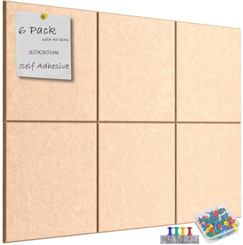 Kongming Pinnwand Filz Selbstklebend mit 40 Reißzwecken, 6 Stück 9mm Dick Pinwand, 30 * 30cm Pinnwand Groß Wanddekoration für Fotos, Notiz-memoboard für Zuhause Küche Büro Schule (Beige)