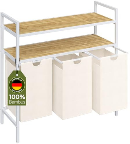 STEELSØN Rigil Wäschekorb 3 Fächer – Wäschesammler mit 2 Bambus Ablagen – Wäschesack ausziehbar – Wäschesortierer weiß – Wäschebox 3x 40l für Bad oder Schlafzimmer – Laundry Baskets mit Metallrahmen
