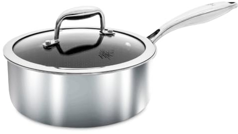 Hell’s Kitchen Hybrid 1.5 Qt Saucepan with Lid, Tri-Clad Stainless Steel, PFAS-Free Ceramic Nonstick, no PFOA, PTFE, Teflon, Non Toxic Cookware, Metal Utensil Resistant, All Cooktops and Oven Safe