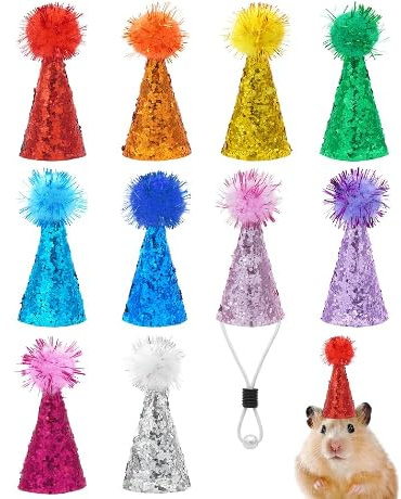 BIPY 10 Stück Mini-Partyhüte für Stofftierfiguren, Dinosaurier, Spielzeug, winzige Hüte zum Basteln, Puppe, Kopfbedeckung, Hamster, Vogel, verstellbarer Miniaturhut mit Lametta, Bommel