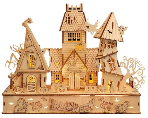 Palapozzy Holz 3D Puzzles für Erwachsene, Halloween Haus 3 in 1 DIY 3D Holzpuzzle Modell mit LED-Licht für Erwachsene (Kit Version/147PCS)