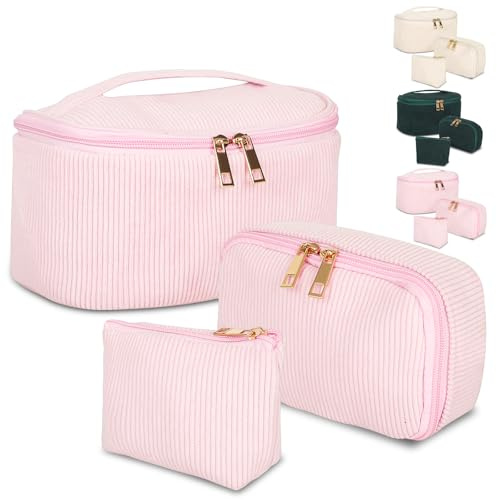 3er Set Kosmetiktasche Kulturtasche Damen, Cord Kulturbeutel Make Up Tasche, Tragbare Schminktasche Makeup Bag Waschtasche Groß Frauen ästhetische Mädchen Damen Geschenk für Alltag und Reisen, Rosa