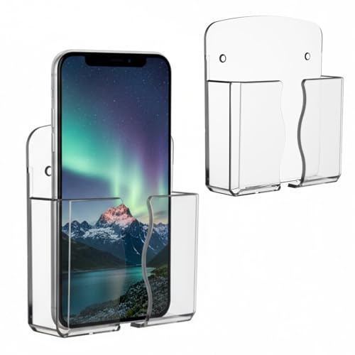 HaiFafafaing 2 Pcs Wall Phone Mount - Clear Self Adhesive Wall Phone Holder with Charging Hole Compatible with Smartphone - Bedside Organizer Remote Stand for Home Office Car