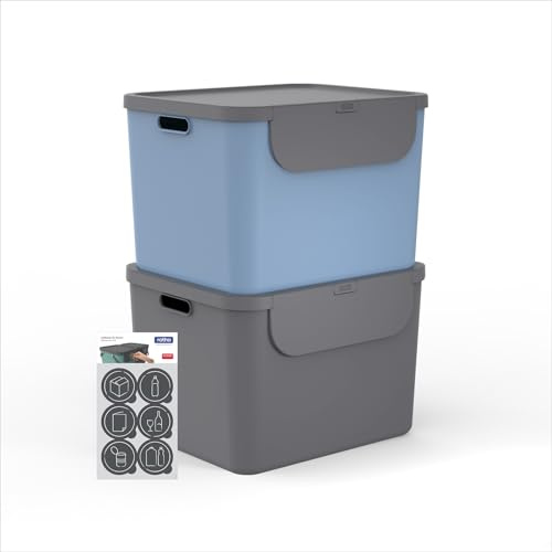 Rotho Albula Mülleimer Küche 2er-Set 2 x 55 L stapelbar Grün/Anthrazit | Mülltrennsystem Küche mit zwei 55-L-Behältern, Frontklappe, breite Öffnung, stapelbar, Tragegriffe bis 30 kg, 6 Aufkleber