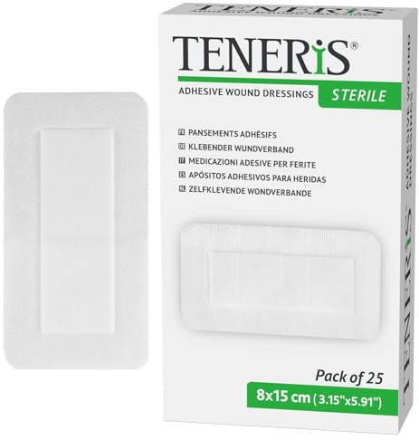 Teneris Sterile Adhesive Wound Dressings – 8×15cm, Pack of 25 – Individually Wrapped, Breathable Surgical Plasters for Post-Operative Care, Minor Wounds & Medical Device Fixation
