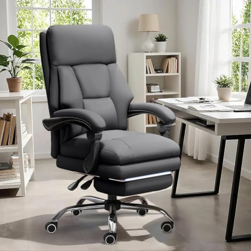 XUEGW Bürostuhl, höhenverstellbar, Chefsessel mit Fußstütze, bequemer Computerstuhl, hohe Rückenlehne, ergonomisch, Leder, Bürostühle