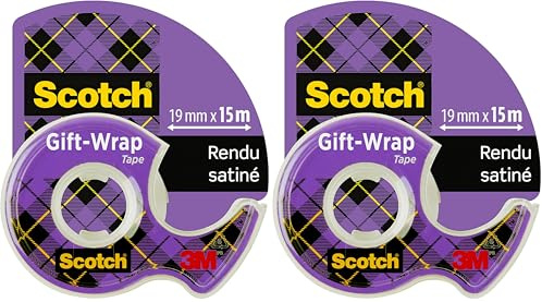 Scotch Gift Wrap Tape, 1 Roll on Handheld Dispenser, 19 mm x 15 m – Satin-Finish Clear Sticky Tape to Use on Gift Wrapping Paper (Pack of 2)