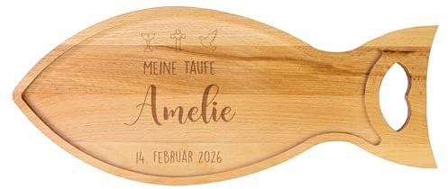 Striefchen® Holzbrett in Fisch-Form personalisiert mit Gravur – Buchenholz – Geschenk zu Taufe, Kommunion, Konfirmation & Firmung