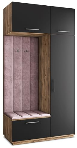 Masseno Flugarderoben Set Rema, Kleiderschrank-Set mit Sitzbank, Garderobenschrank Flur mit 5 Regalböden, Eiche Lefkas/Schwarz