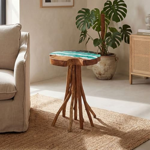 Licht-Erlebnisse Beistelltisch Baumscheibe Teak Holz Epoxidharz Meer Design B: 40 cm H: 60 cm massiv Unikat Handarbeit Bali Holztisch Ablage Tischchen